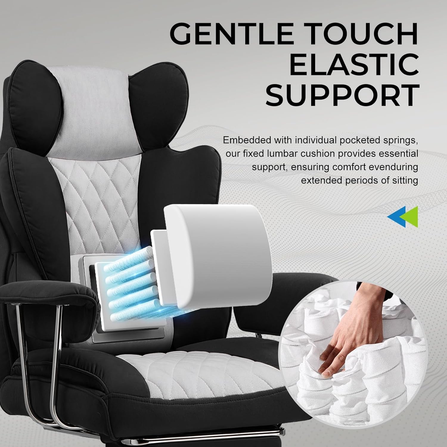 Gaming Chair,Office Chair with Pocket Spring Lumbar Support, Ergonomic Comfortable Wide Office Desk Computer Chair with Outward Fixed Soft Armrests and Footrest (Fabric, Black & Gray)-3