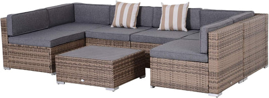 7-Piece Patio Furniture Set, Outdoor Wicker Conversation Set, All Weather PE Rattan Sectional Sofa Set with Cushions and Faux Wood Table, Stripe Pillows, Gray-0