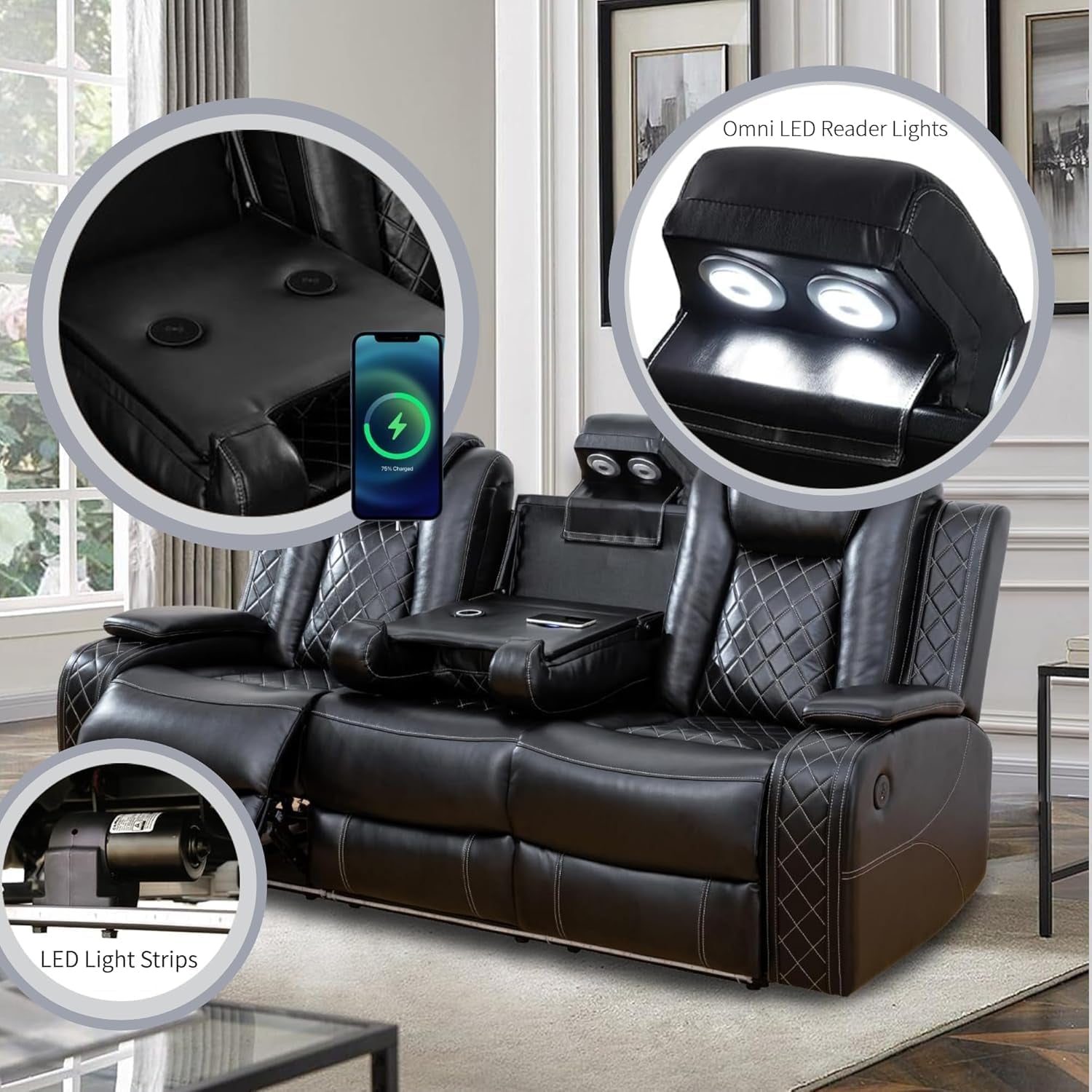 Power Recliner Set with LED Lights, Air Leather Reclining Set with USB Port/Wireless Charger/Storage Console/Cup Holder for House/Hometheater/Apt (Black, Sofa Loveseat Chair)-3
