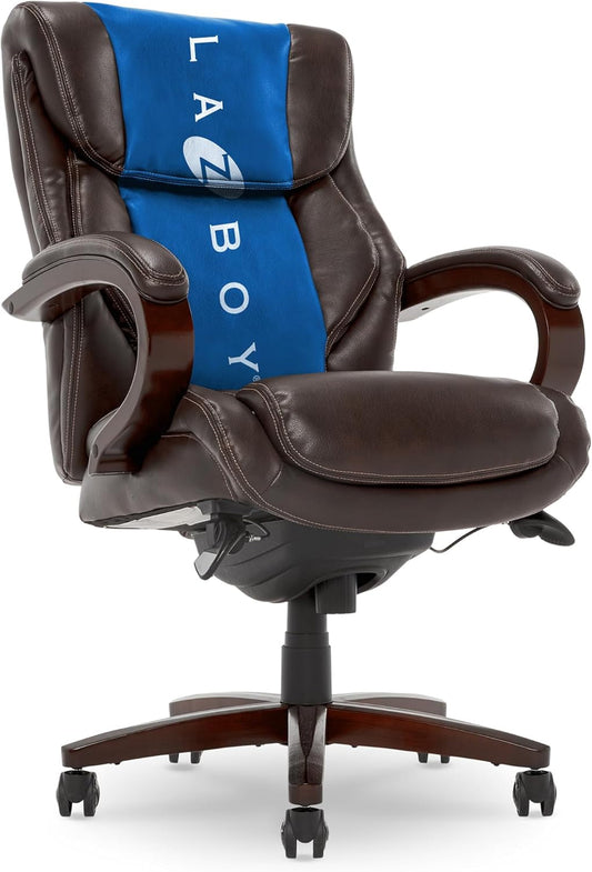 Bellamy Executive Office Chair with Memory Foam Cushions, Solid Wood Arms and Base, Waterfall Seat Edge, Bonded Leather, Brown-0