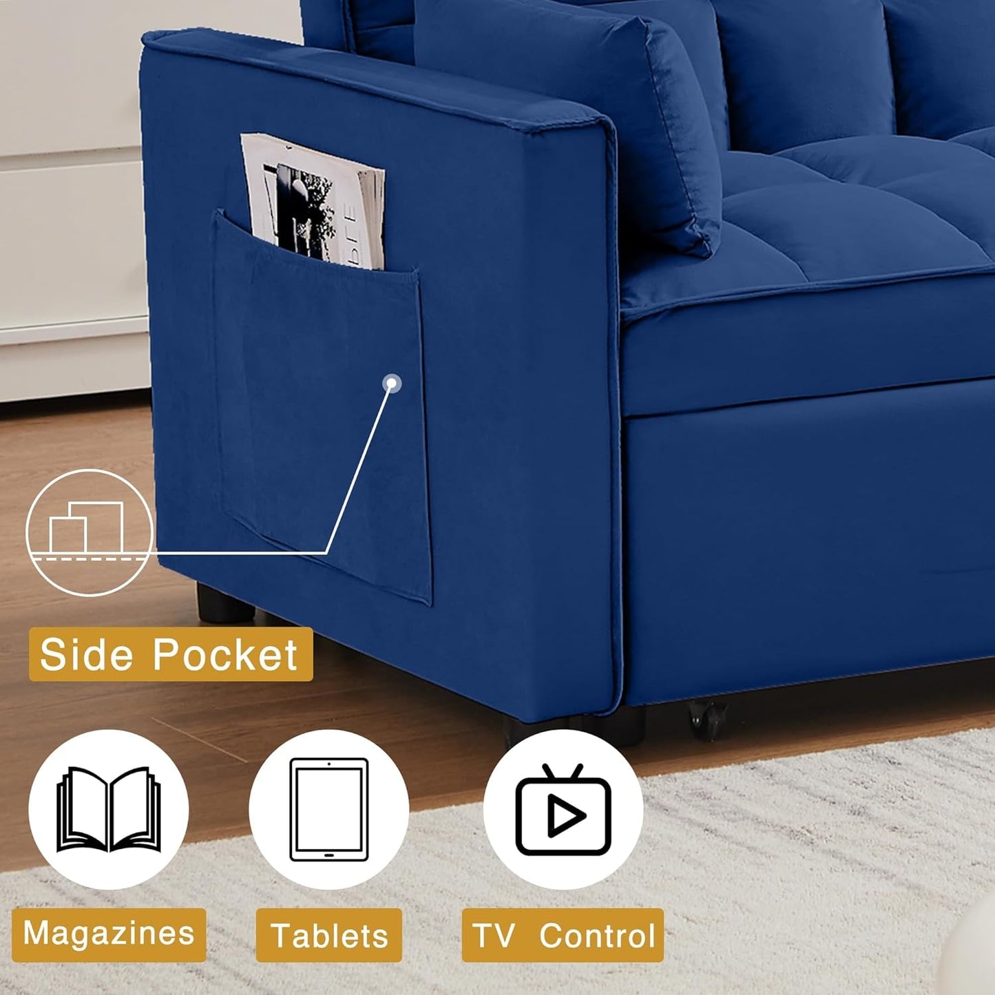 3 in 1 Convertible Sleeper Sofa Bed, Futon Couches for Living Room with Side Pocket | Adjustable Backrest| Velvet Fabric | Pull Out Couch | Recliner Loveseat | Sectional Sofa, Blue-3