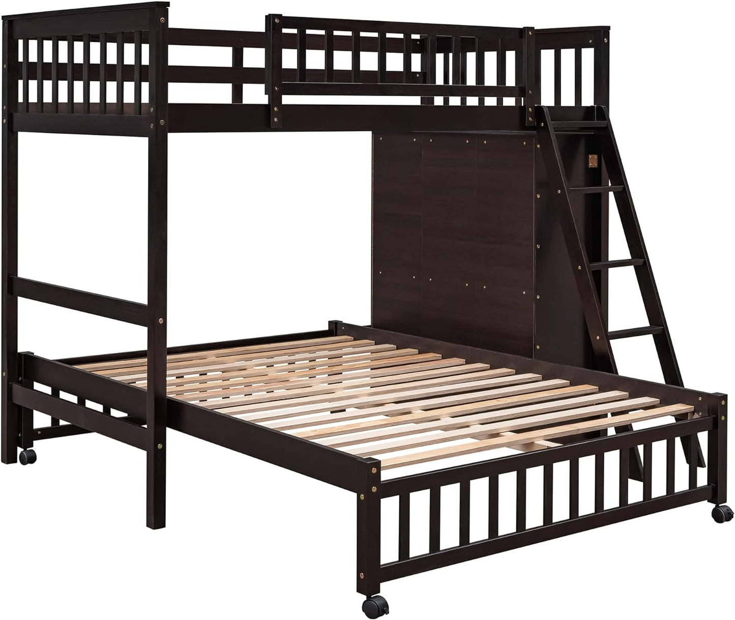 Twin over Full Bunk Bed with Storage, Solid Wood Bunk Bed with 6 Drawers and 3 Flexible Shelves, Twin Loft Bed with Movable Lower Bed, Bottom Bed with Wheels, for Kids Teens Adults (Espresso)-3
