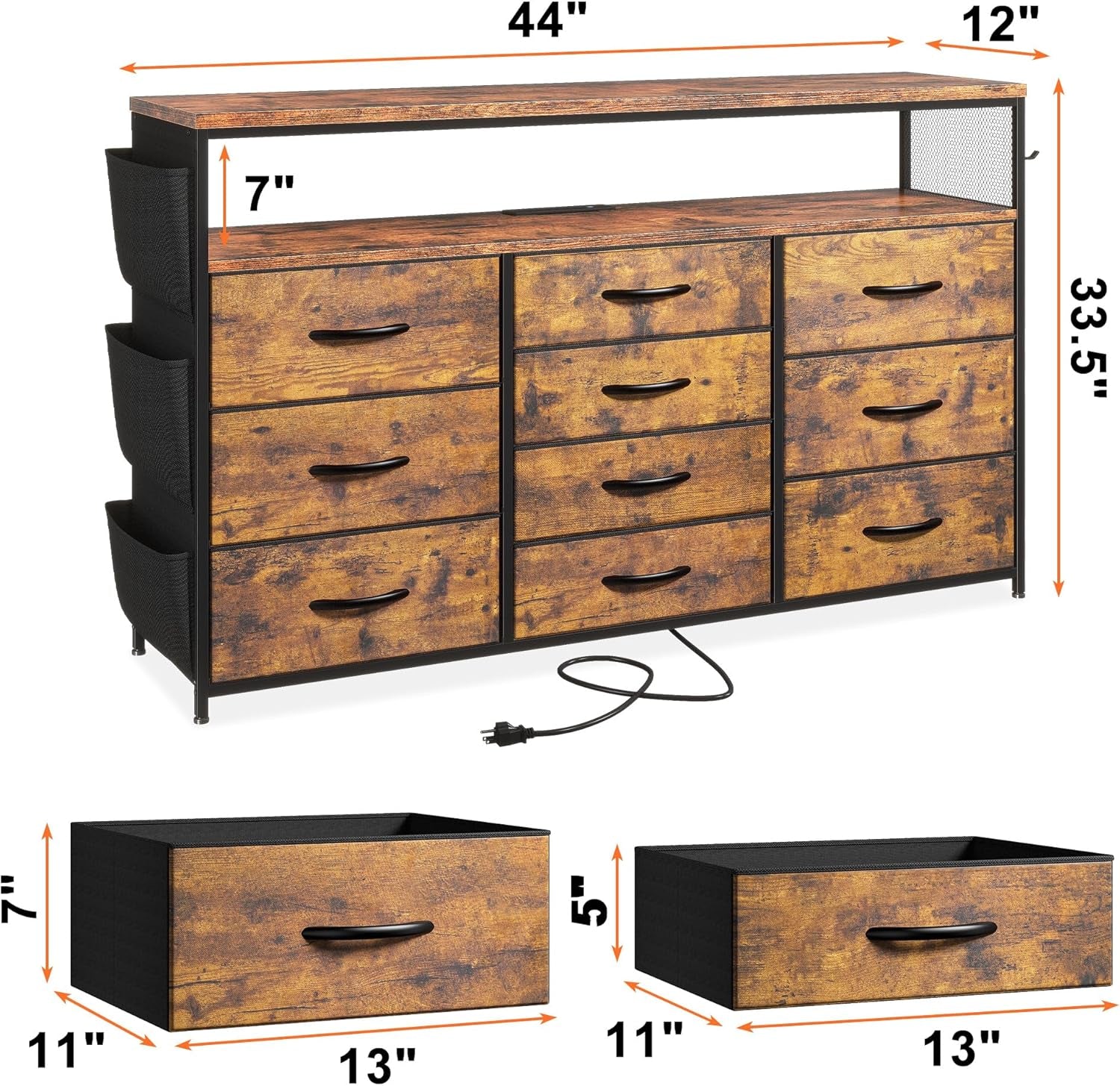 Dresser TV Stand with 10 Drawers for 55" TV Stand for Bedroom with LED Lights & Power Outlets Wide Dresser for Bedroom with Shelves & Side Pockets Sturdy Metal Frame & Wood Top, Rustic Brown-1