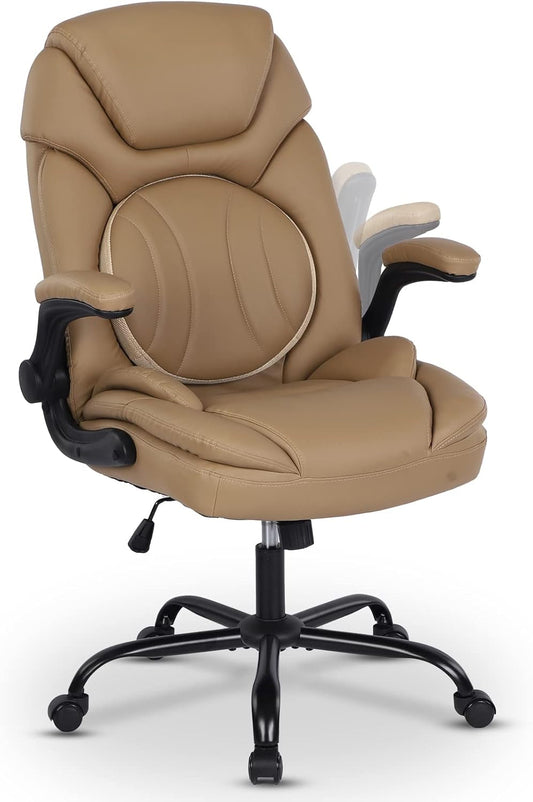 Modern Executive Office Chairs with Lumbar Support, 90-120° Rocking Managerial Chair Ergonomic PU Leather Home Office Desk Chairs with Wheels, Flip-Up Arms & Back Support (Khaki)-0