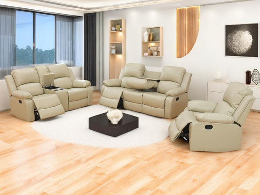 Beige Recliner Sofa Set 3PCS Manual Reclining Sofa Living Room Furniture Sets Contempary Bonded Leather Reclining Couch Set with Cup Holder/Storage Console for Home/Office (Beige, 3PCS Set)-0