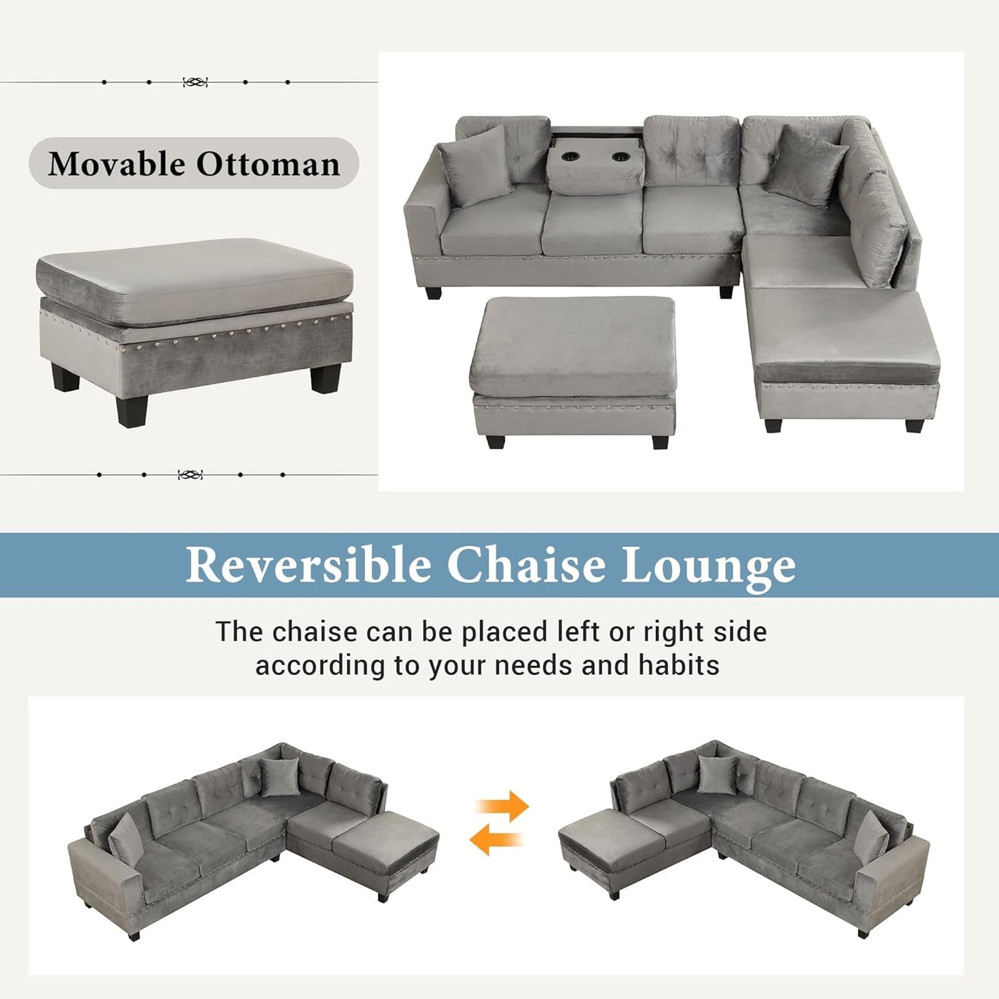 Sectional Sofa Couch with Reversible Chaise and Ottoman, Polyester L-Shape Couch with 2 Pillows and Cup Holder, Sectional Sofas for Living Room (Gray)-2