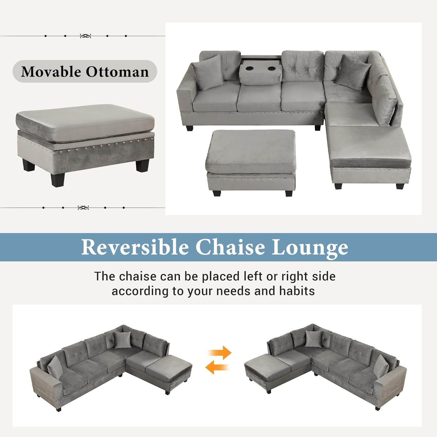 Sectional Sofa Couch with Reversible Chaise and Ottoman, Polyester L-Shape Couch with 2 Pillows and Cup Holder, Sectional Sofas for Living Room (Gray)-2