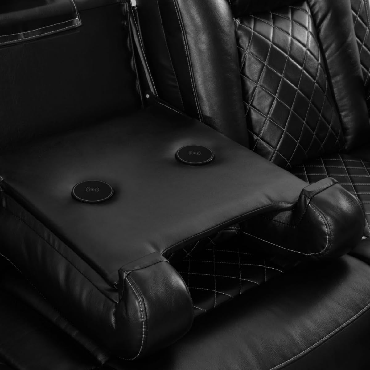 Electric Power Recliner Sofa Living Room Furniture, Comfy Home Theater Breathing Leather Seating with USB 2.0 Charging Ports, LED Light Strips, Fold-Down Table & Wireless Charging Device (Black)-2