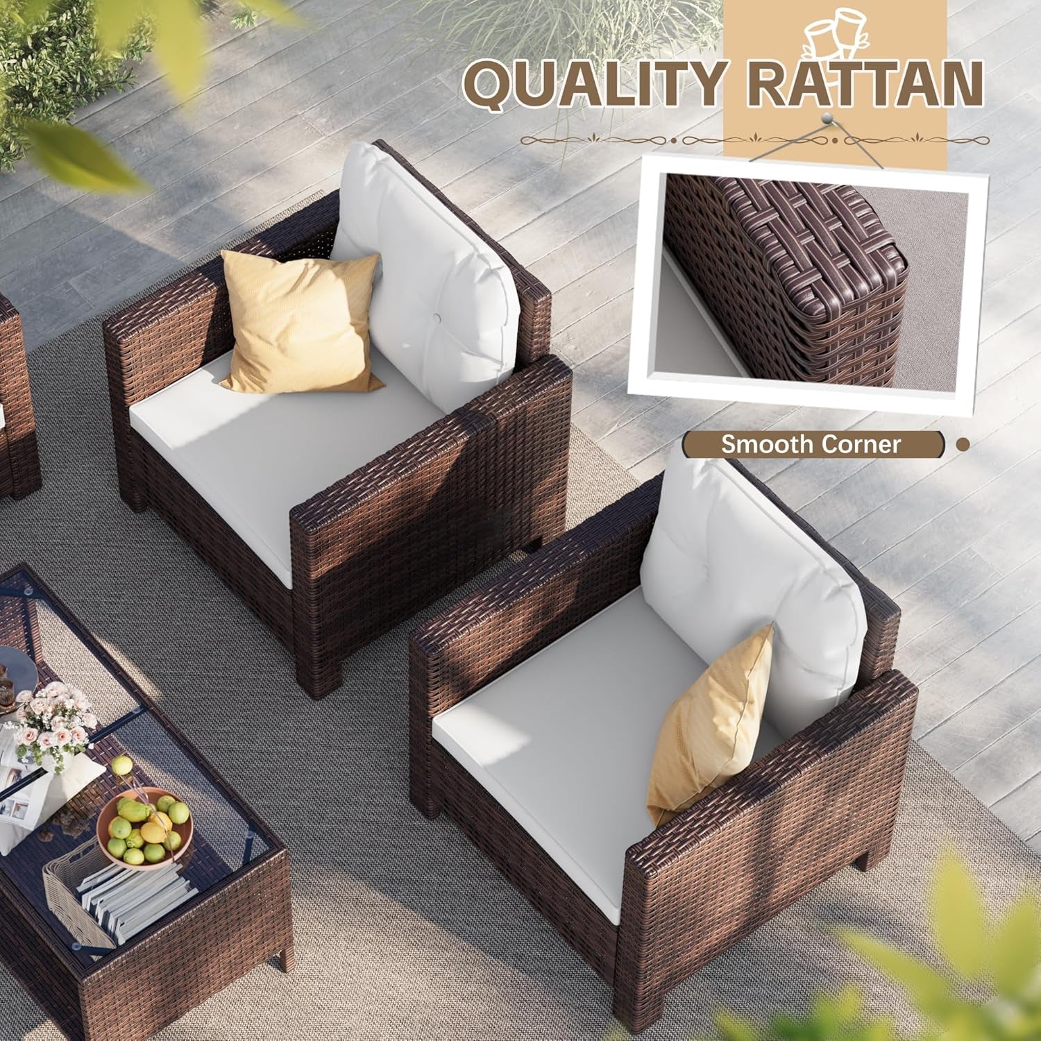 4 Pieces Patio Furniture Sets Rattan Chair Wicker Conversation Sofa Set, Outdoor Indoor Backyard Porch Garden Poolside Balcony Use (Beige)-4