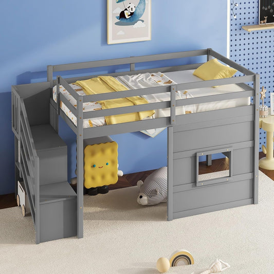 Twin Size Low Loft Bed with Stairs, Kids Loft Bed with Storage,Solid Wood Twin Loft Bed Frame for Kids, Space Saving Low Loft Bed for Boys, Girls, Gray-0