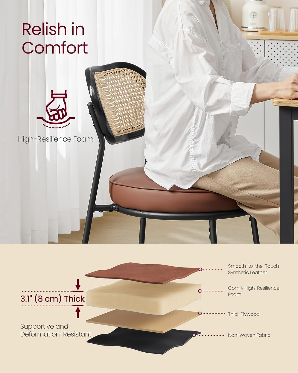 Dining Chairs, Set of 4 Dining Room Chairs with Boho PE Rattan Back, Synthetic Leather Upholstered Accent Chairs for Kitchen Living Room, Coffee Brown ULDC160K24-3