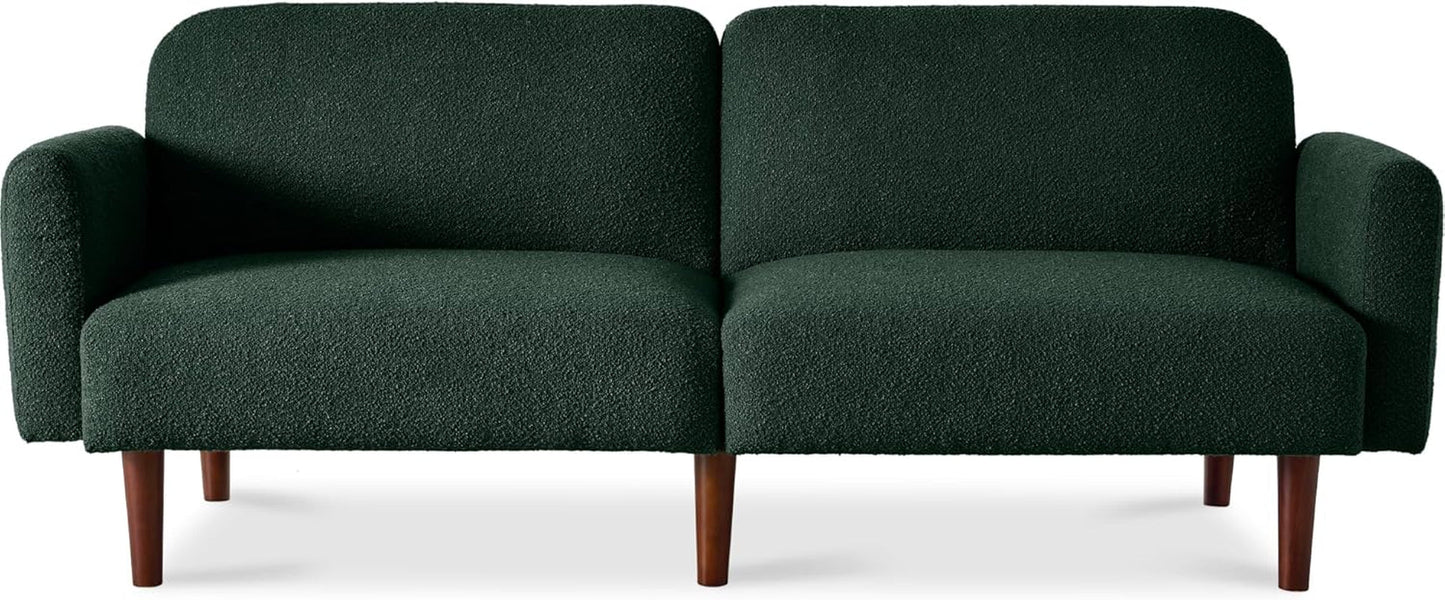 77" Mid Century Modern Boucle Loveseat Sofa, Couch, Convertible Sofa Sleeper Bed W/Real Wood, Removable Armrest - Evergreen-0