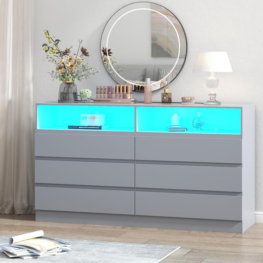 6-Drawer LED Dresser, Charging Station, Bedroom/Living Room-0