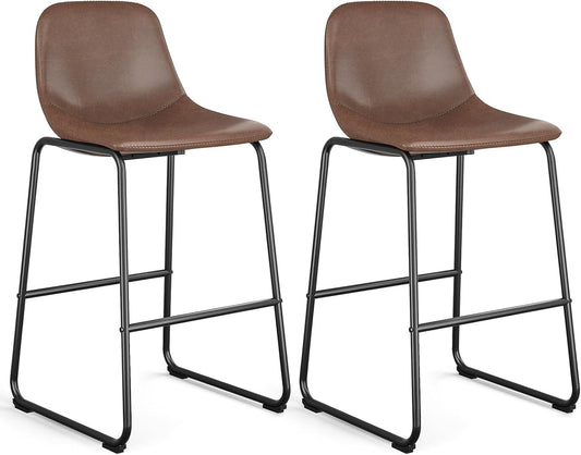 Pu Faux Leather Bar Stools Set of 2, Industrial Pub Barstools with Back and Footrest, Modern Armless Bar Height Stool Chairs (Brown, 30" Barstool X2)-0