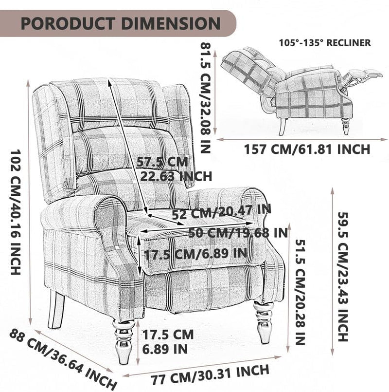 Upholstered Wingback Recliner Chair, Plaid Recliner Chair Armchair Adjustable Footrest Push Back Reclining Sofa, Mid-Century Modern Lounge Armchair for Living Room, Bedroom, Reading -- Green-1