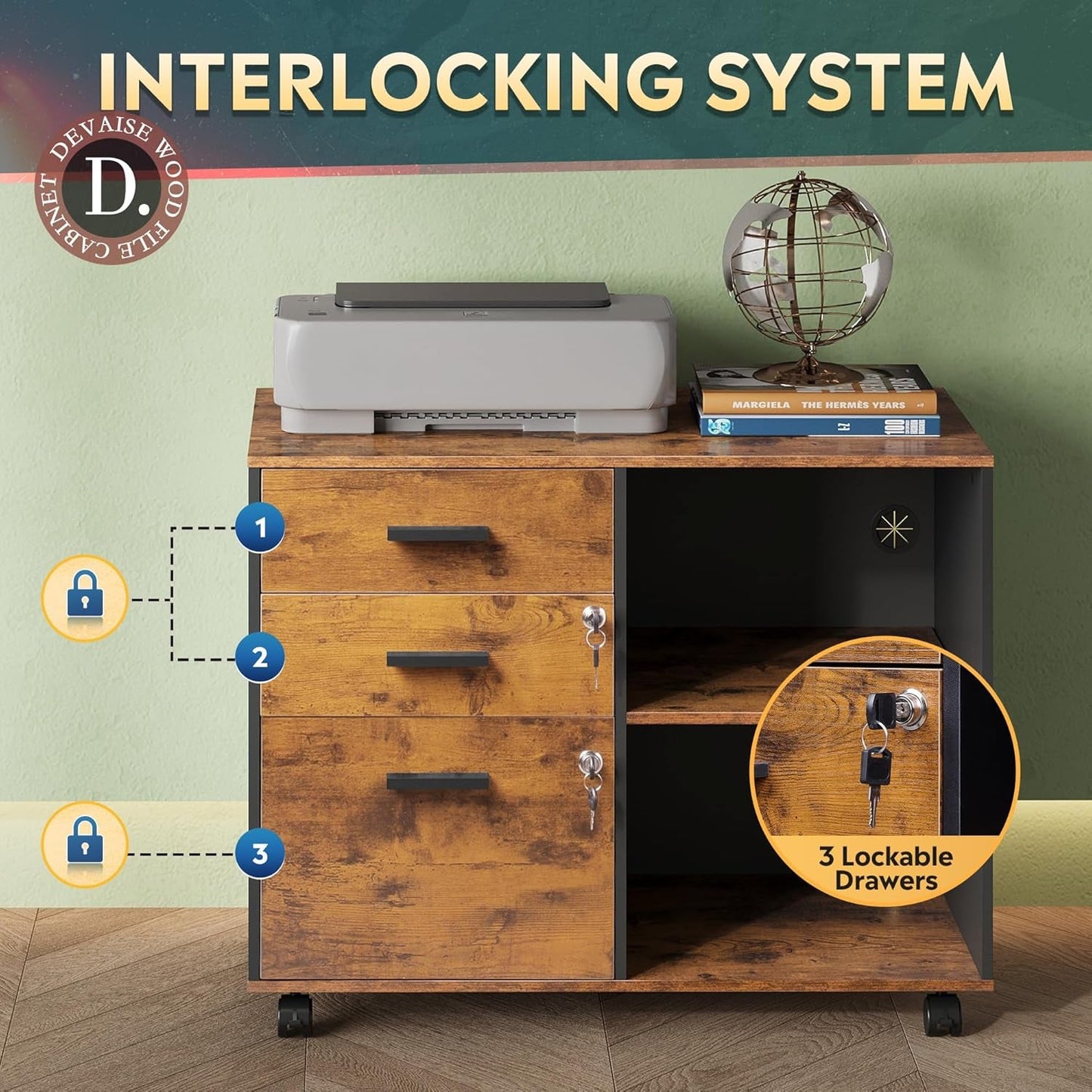 3-Drawer Wood File Cabinet with Lock, Mobile Lateral Filing Cabinet, Printer Stand with Open Storage Shelves for Home Office, Rustic Brown-3