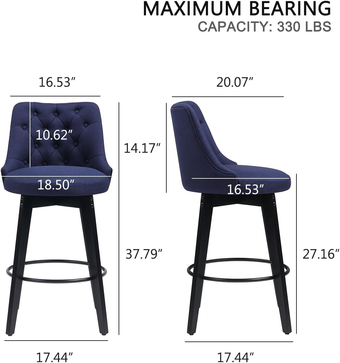 Swivel Bar Stools Set of 4, Linen Counter Height Bar Stools with Back, Wooden Bar Stools for Kitchen Island, Upholstered Bar Stools (Navy Blue)-1