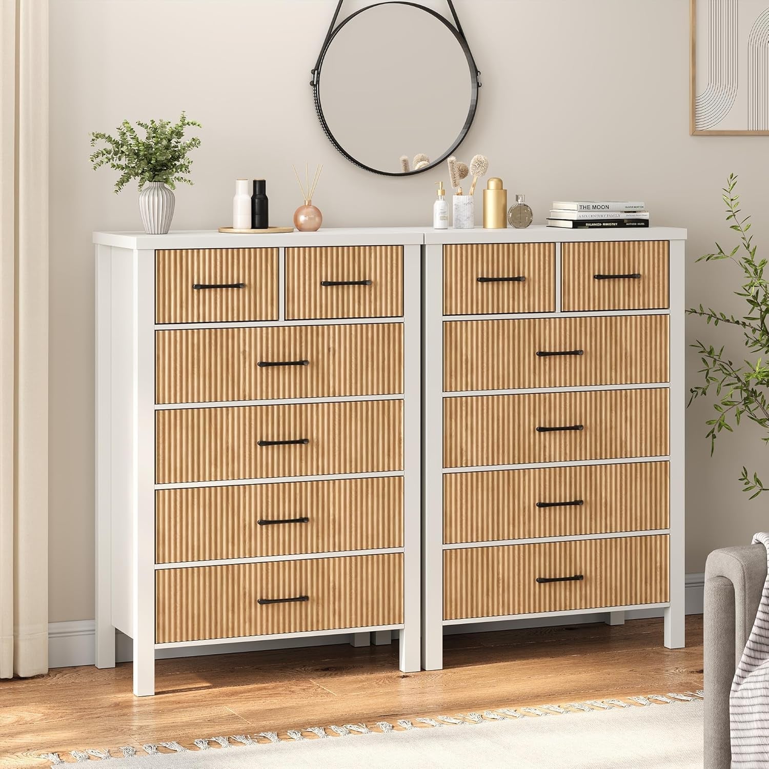 White 6 Drawer Fluted Dresser with Wood Legs-0