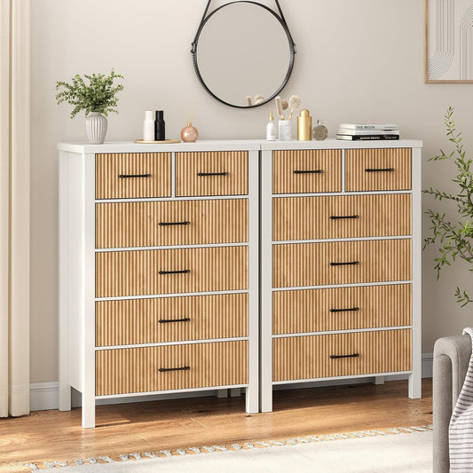 White 6 Drawer Fluted Dresser with Wood Legs-0