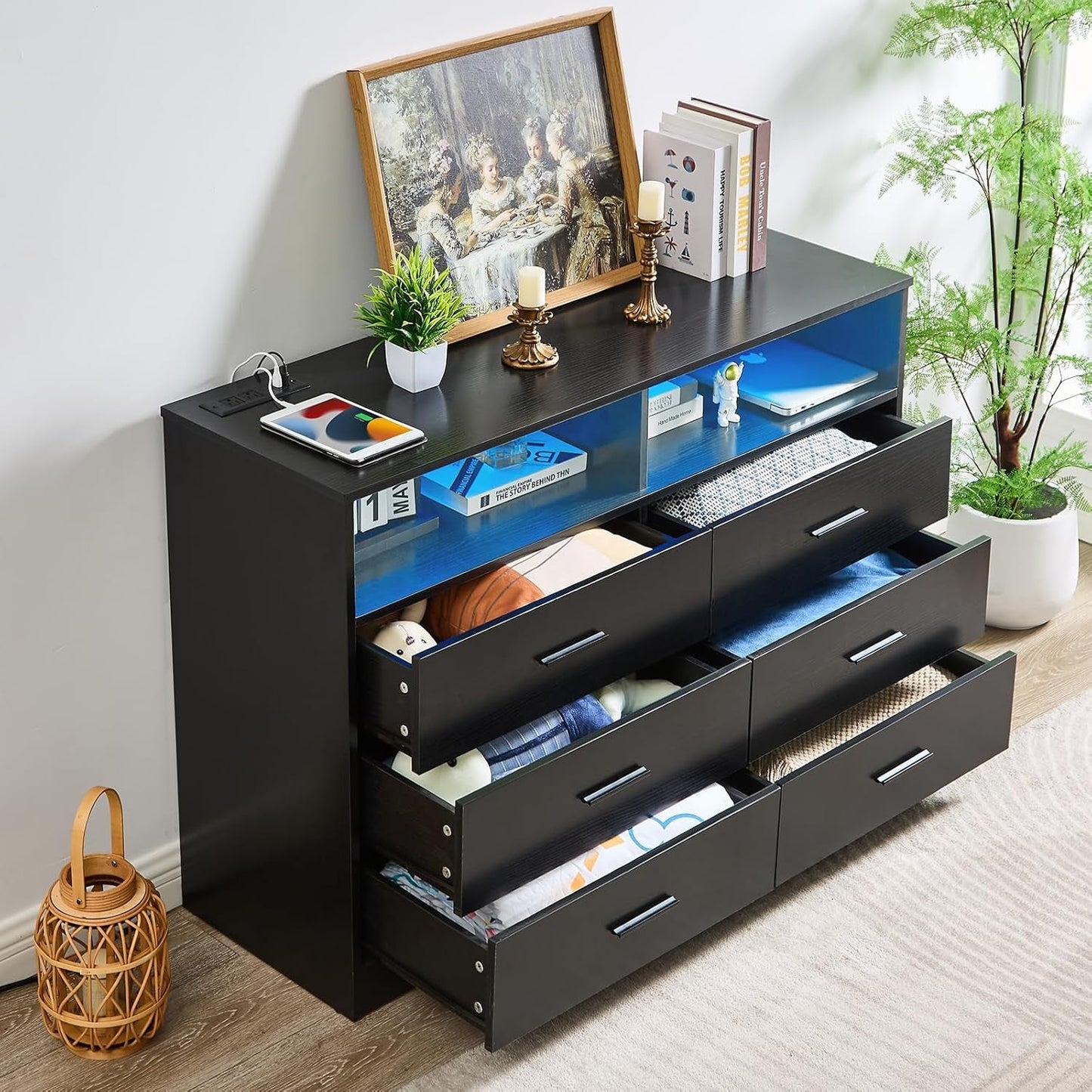 Black Dresser for Bedroom Wooden, 6 Drawer Dressers & Chests of Drawers, Modern Wood Tall Dresser, 48 Inches Wide Chest of Drawers for Bedroom, Hallway, Living Room-2