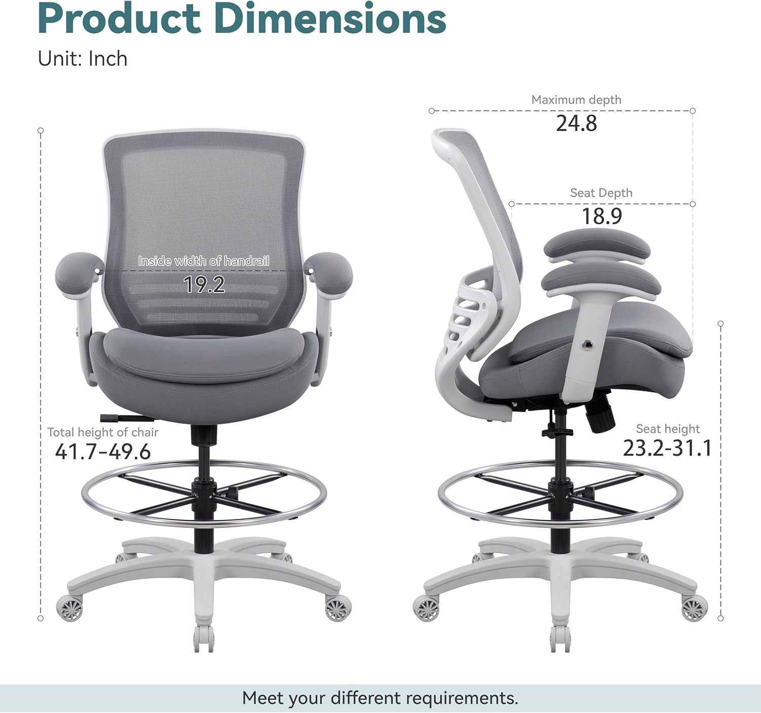 400Lbs Mid Back Mesh Ergonomic Office Drafting Chair Big Adjustable Foot Ring Height Adjustable Armrest (Grey)-2