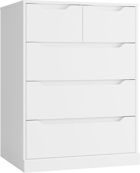 Modern 5 Drawer Dresser for Bedroom, Chest of Drawers with Storage, Wood Storage Chest Organizers with Cut-Out Handles, Accent Storage Cabinet for Living Room, Entryway, Hallway, White-0