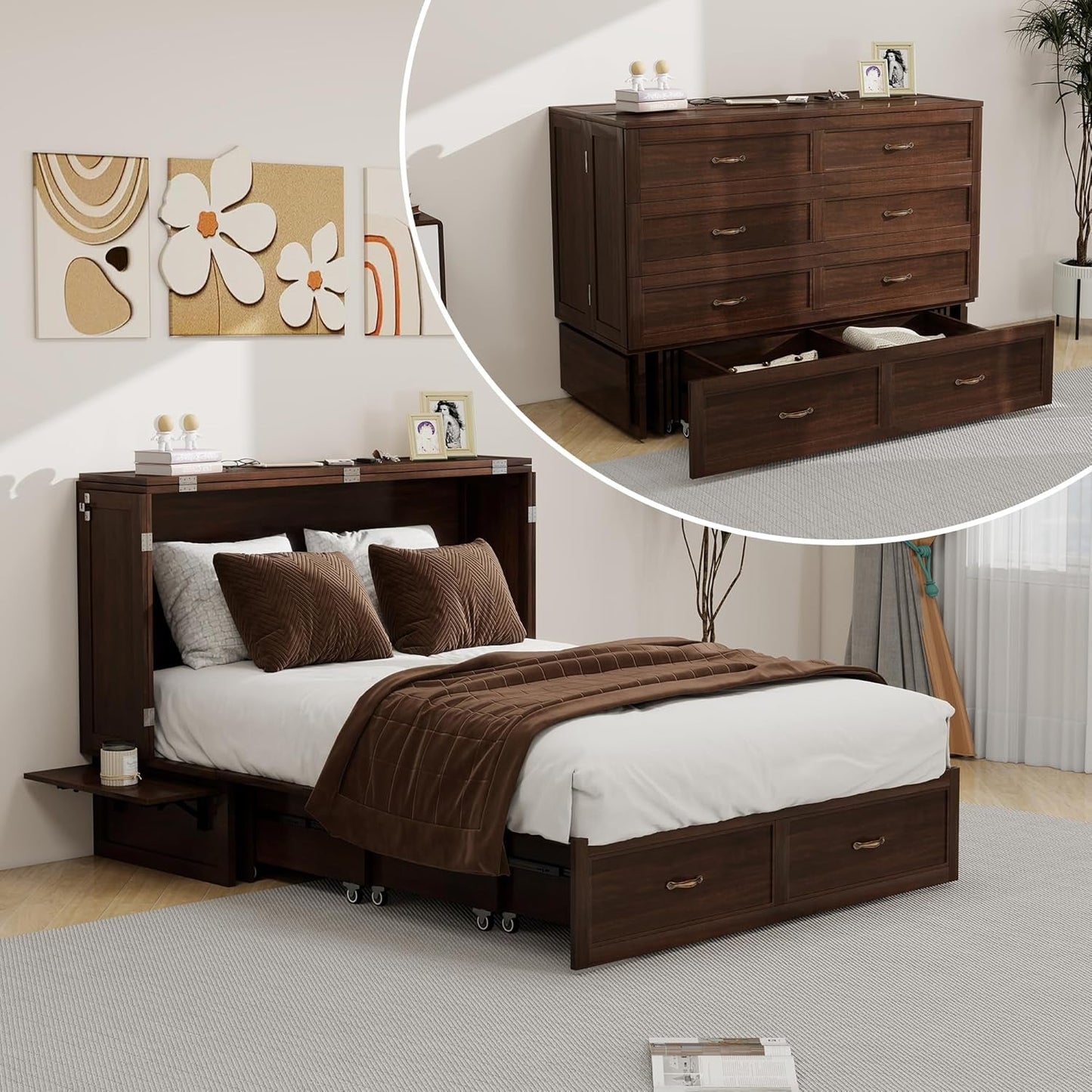 Murphy Bed Full, Solid Wood Cabinet with USB Ports-5