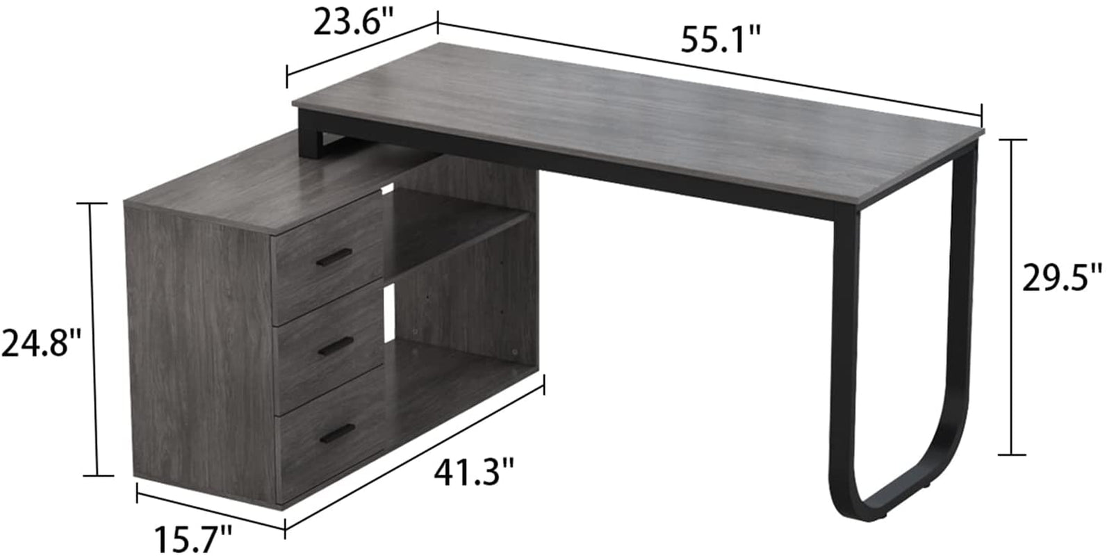Home Office Corner Desk, Large with Drawers, Gray-2