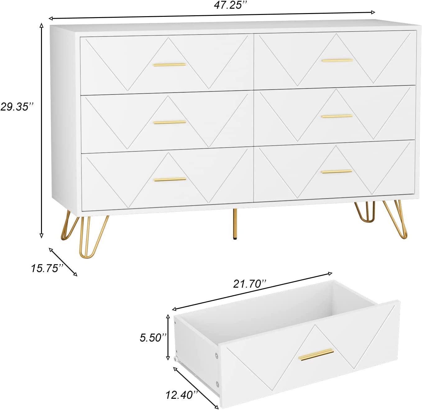 White 6-Drawer Dresser with Wide Drawers-2