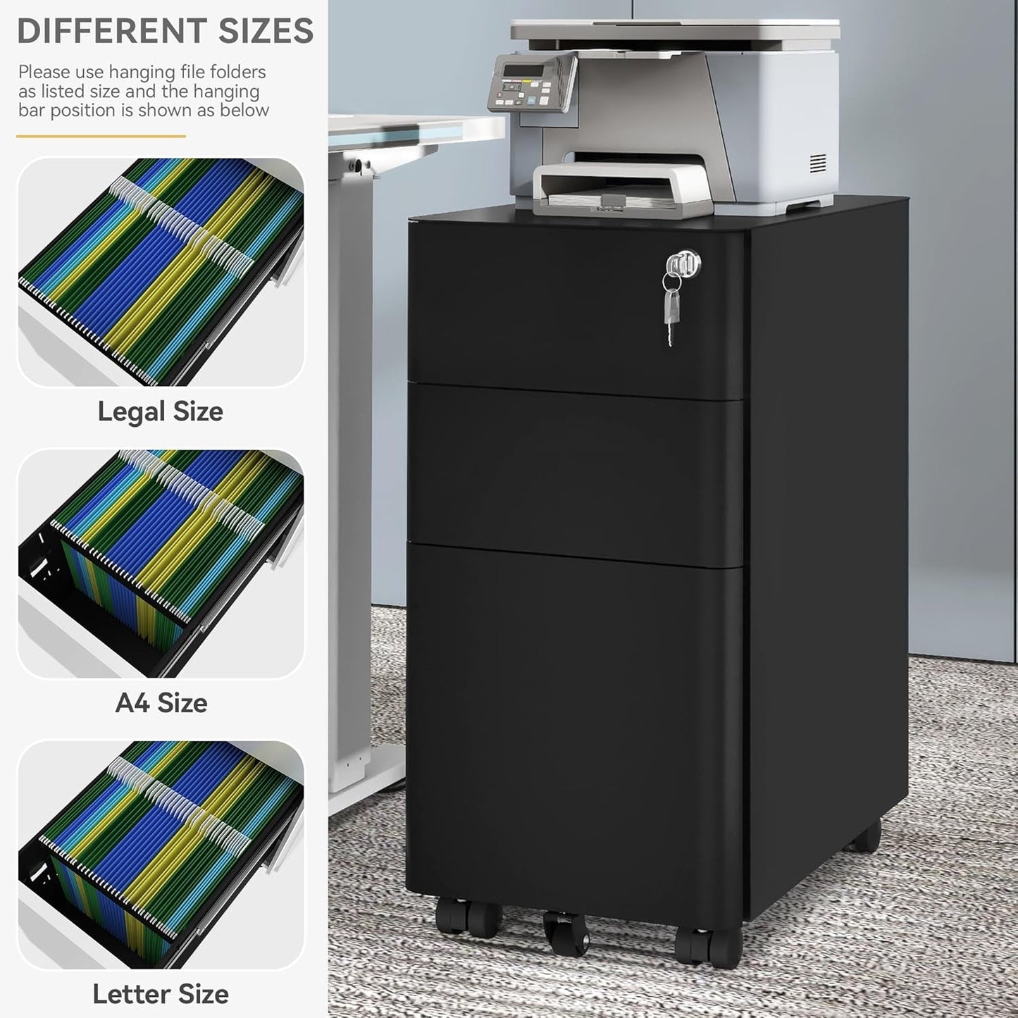 3-Drawer Vertical File Cabinet, Mobile Filing Cabinet with Lockable, Pre-Assembled Compact Slim File Cabinet, Portable Office Storage for A4/Letter/Legal Documents (Black)-4