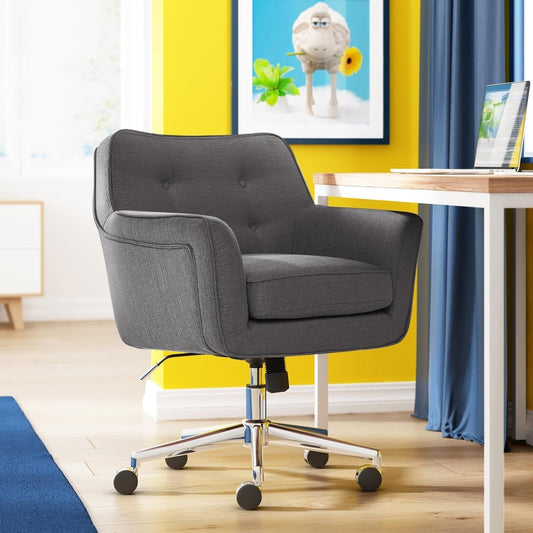 Ashland Home Office Desk Chair with Button Tufted Mid-Back, Memory Foam Cushion and Padded Arms, Mid Century Modern Vanity Armchair with Wheels for Bedroom, Chrome Metal Base, Dark Gray-1