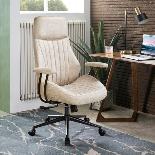 Ergonomic Home Office Chair, Mid-Century Modern Leather Chair with Lumbar Support, High Back Swivel Rolling Executive Chair, Comfy Task Computer Desk Chair (Beige, Suede Leather)-0