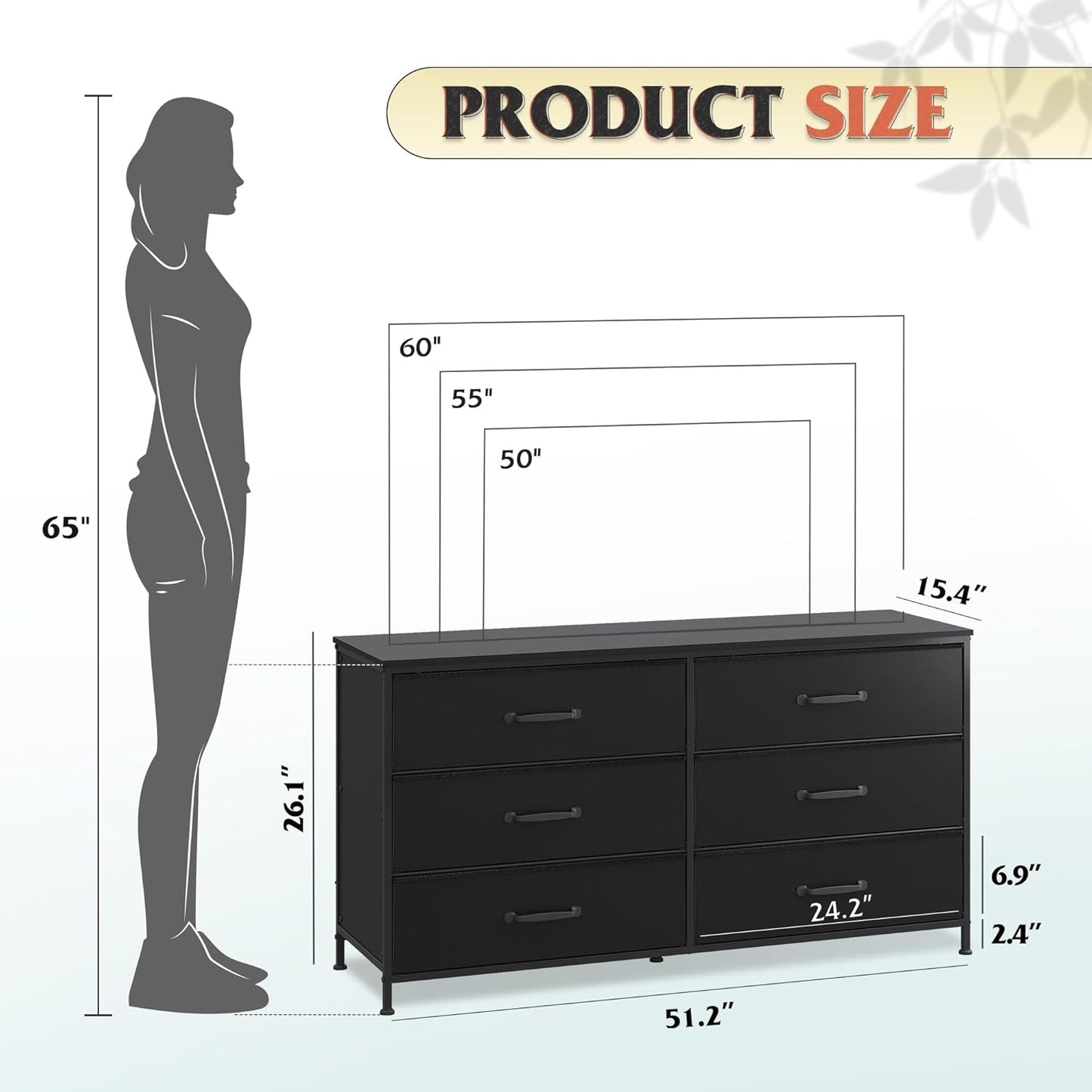 Wide Fabric Dresser, 6 Drawer Dresser TV Stand for 60" TV, Dressers Bedroom Furniture Large Storage Tower Unit with Fabric Bins, Black Dresser for Bedroom, Closet, Hallway, Black-2