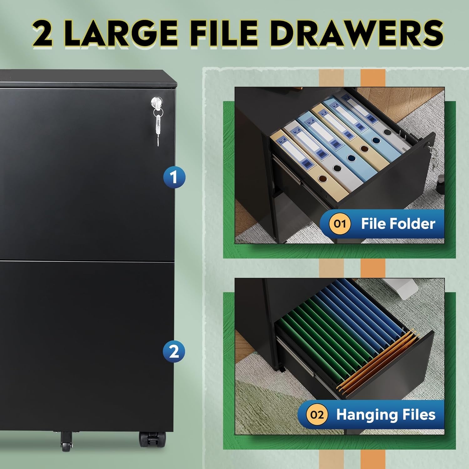 2-Drawer Rolling File Cabinet with Lock, Metal Filing Cabinet for Home Office, Fully Assembled under Desk Cabinet, Black-3