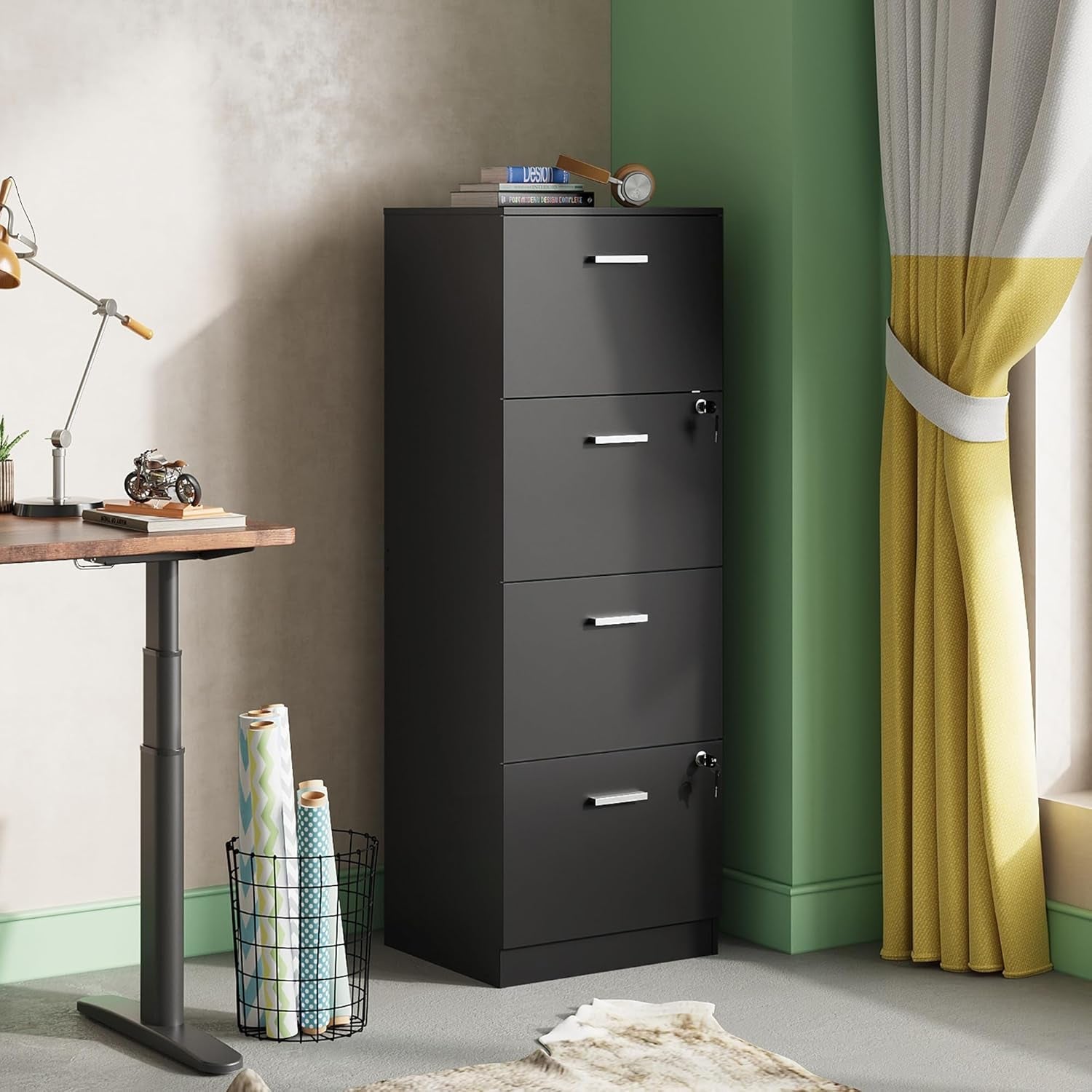 4 Drawer File Cabinet with Lock, Vertical Filing Cabinet for A4/Letter Size Files, Wood Storage Cabinet for Home Office, Black-1