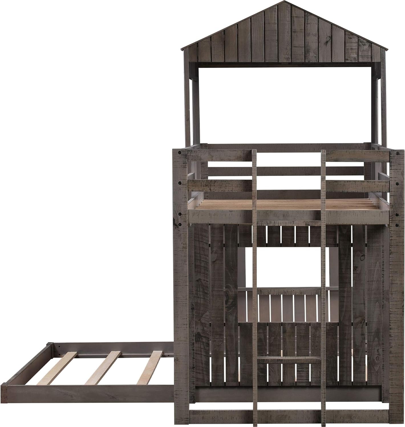 House Bunk Beds Twin over Full Size, Wood Bunk Beds with Roof and Window (Distressed Grey, Twin over Full)-3