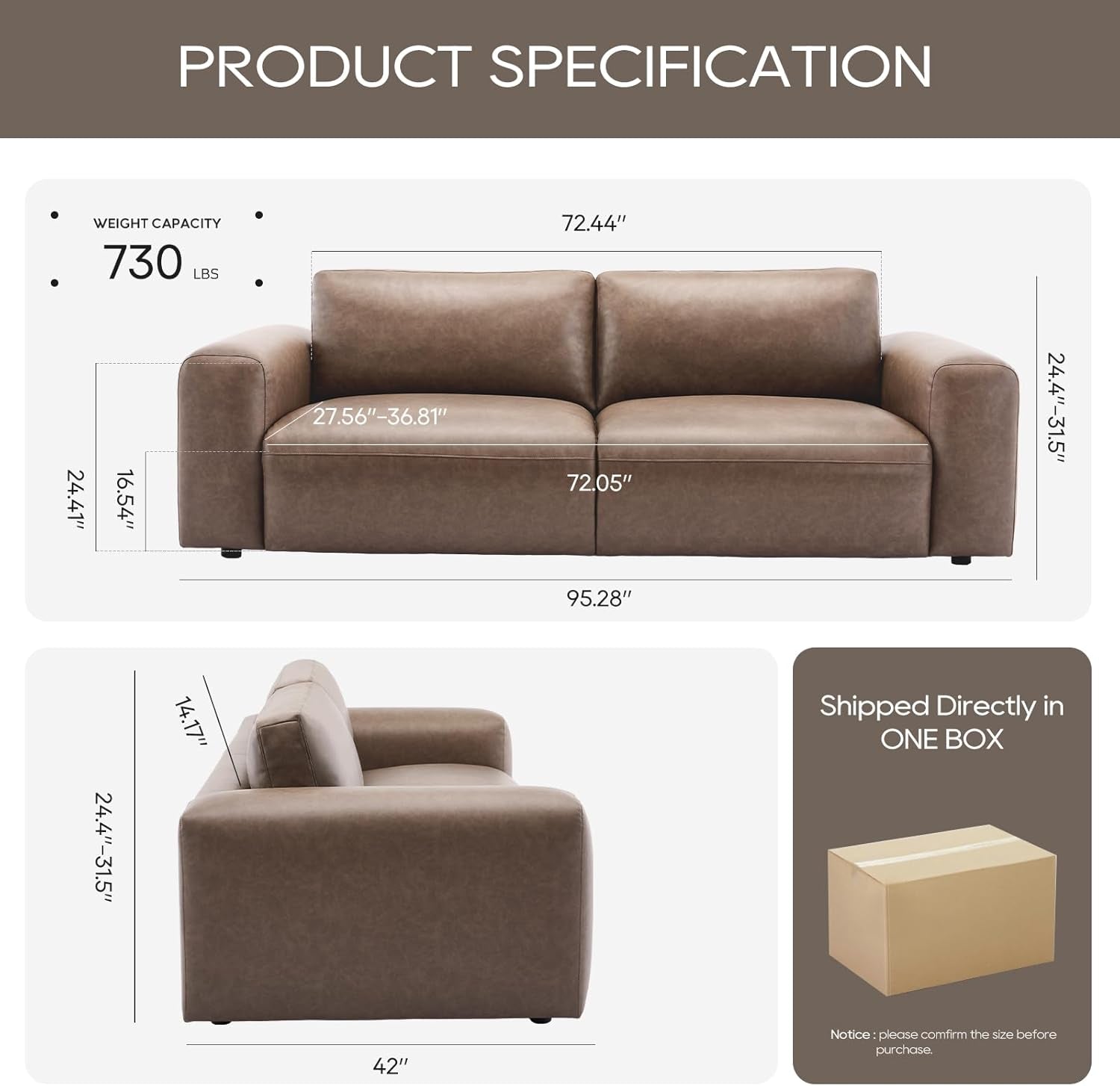 95" Oversized PU Leather Sofa, Comfy Sofa Couch with Extra Deep Seats, Wide Arm, down Filled 3-Seater Modern Sofa for Living Room, Apartment Lounge-Wolfgrey-2