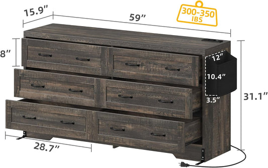 Farmhouse 6 Drawer Dresser for Bedroom, 31.5 Inch Tall Modern Dresser TV Stand with Large Drawers & Bar Handles, Storage Dressers with Power Outlets, Rustic Wood Chest of Drawers, Rustic Oak New-1