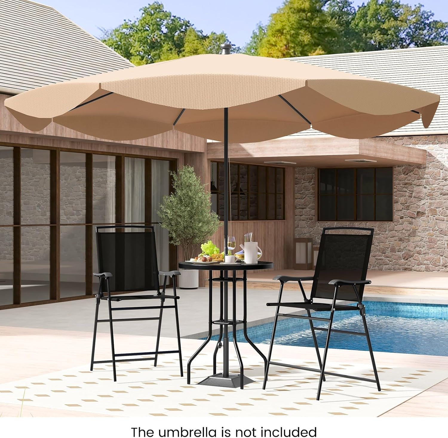 3 PCS Patio Table and Chairs Set, Bistro Furniture with DPC Tabletop, Umbrella Hole, Outdoor Bar Set with round Table and 2 Folding Counter Height Chairs for Poolside, Deck, Porch, Black-2