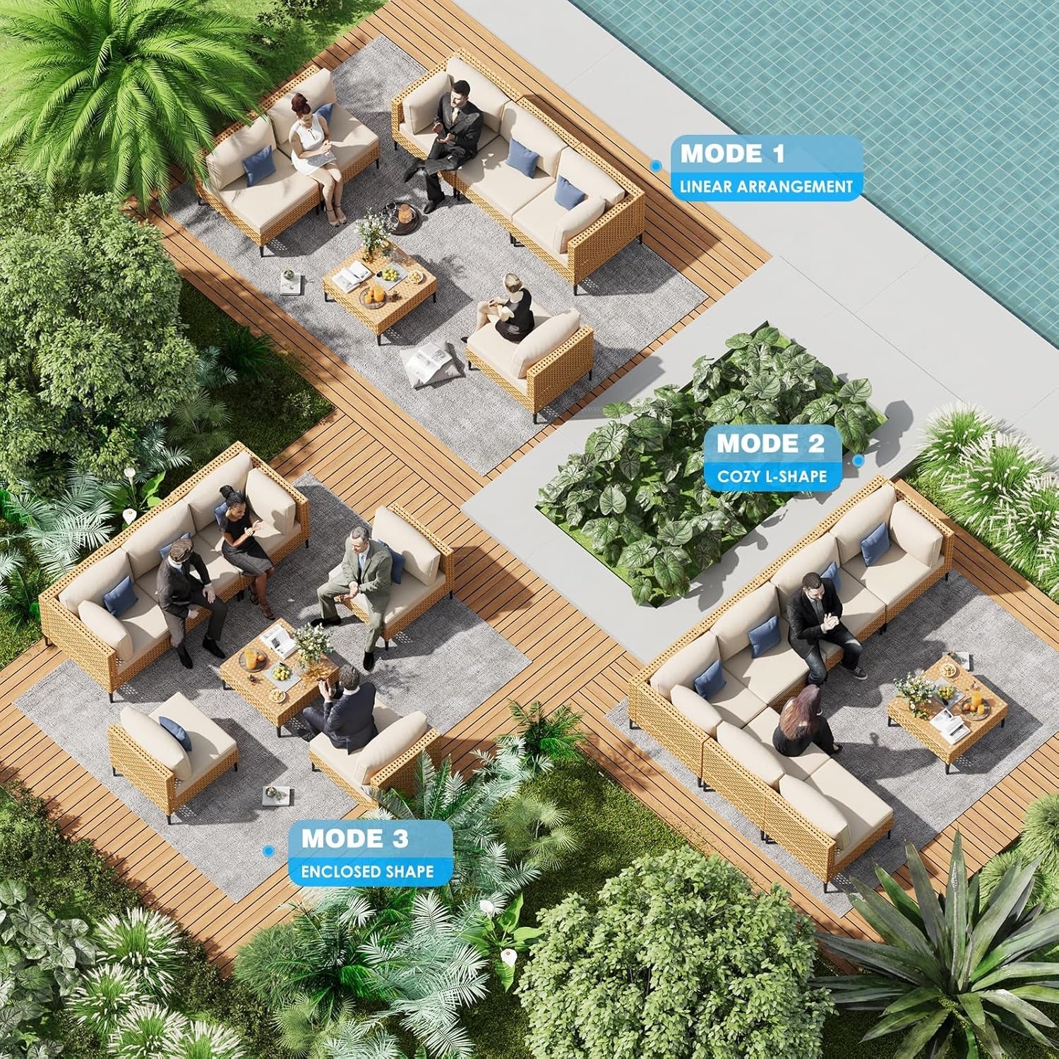 Paito Furniture Set, 110" Large 7-Piece Wicker Outdoor Paito Furniture Sets with Coffee Table,Boho Patio Conversation Set Sectional Sofa with All-Weather Cushions for Backyard,Porch,Beige-4