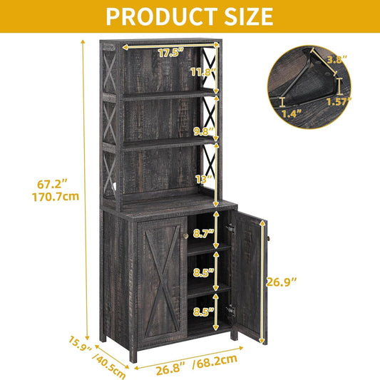 67" Tall Wine Bar Cabinet for Liquor and Glasses, Farmhouse Kitchen Cabinet Coffee Bar with Adjustable Shelves, Open Storage Shelves, Buffet Kitchen Cabinet for Dinning Room, Kitchen, Rustic Oak-1