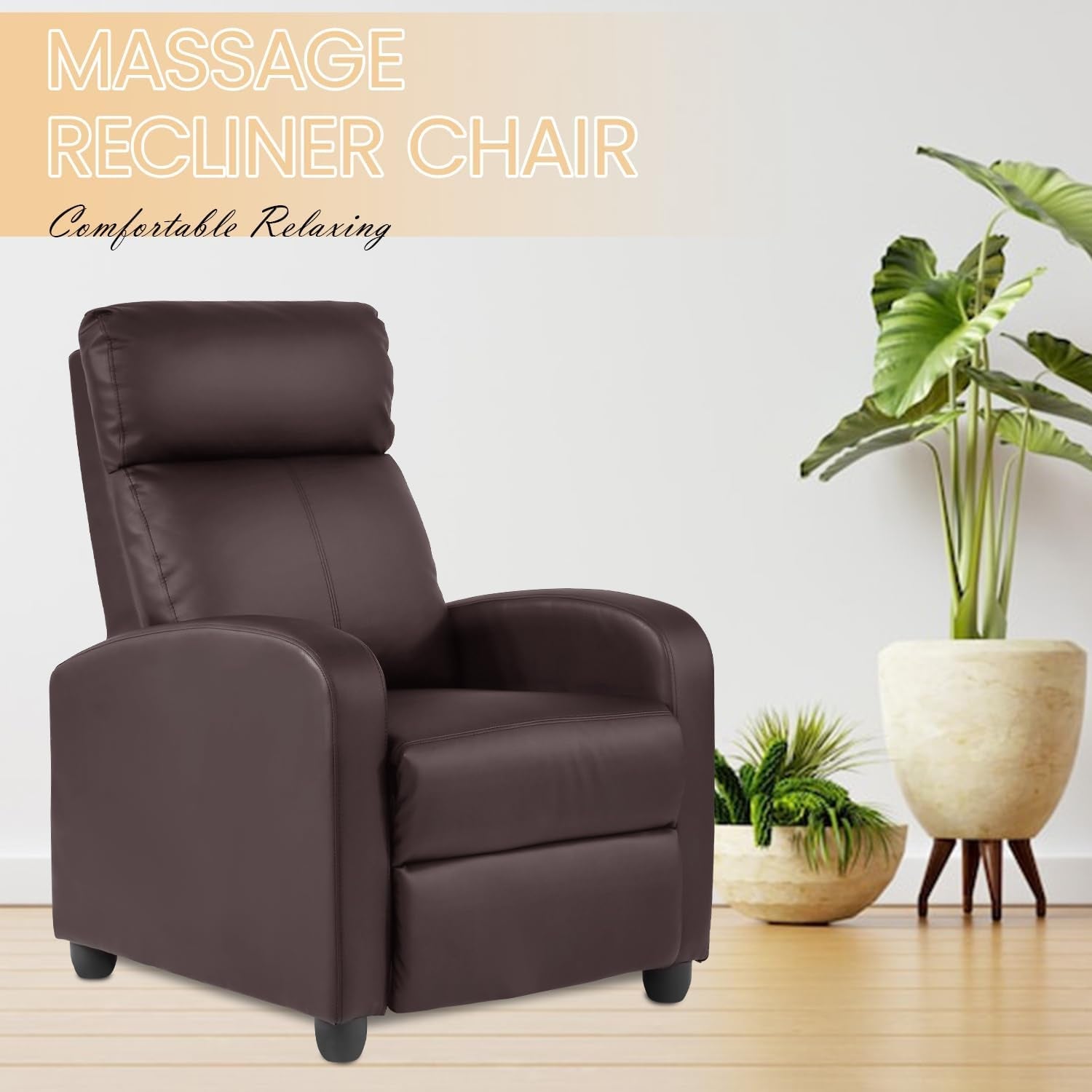 Recliner Chair Breathable Padded PU Leather Massage Single Sofa Recliners for Small Recliner Chair with Footrest Home Theater Seating for Bedroom Living Room,Brown-2