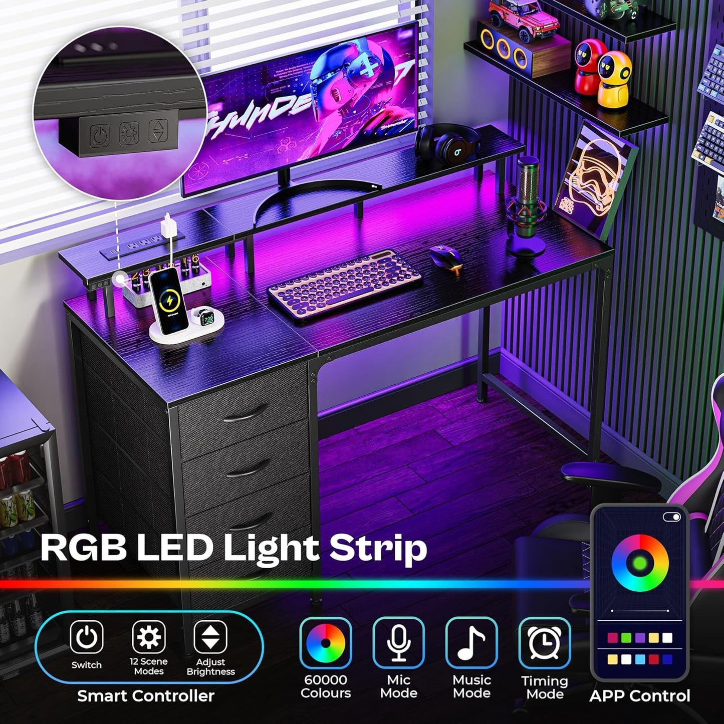 47 Inch Computer Desk with Power Outlets and LED Lights, Gaming Desk with 4 Drawers, Office Desk with Monitor Stand, Study Desk Work Desk for Home Office, Small Spaces, Black-3