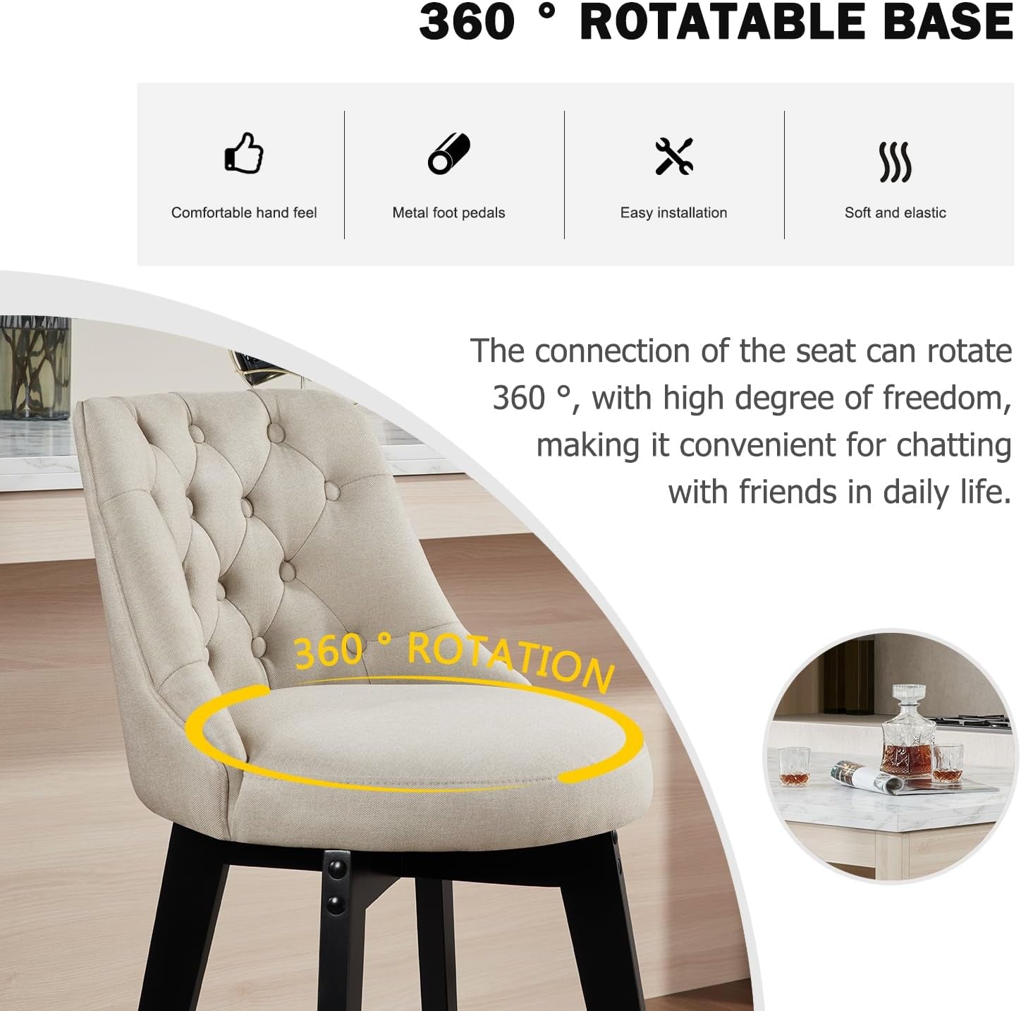 Bar Stools Set of 2, Swivel Barstools with Backs and Wood Legs, 27" Linen Fabric Upholstered Bar Chairs for Kitchen Island, Dining, Cafe, Pub（Linen）-3