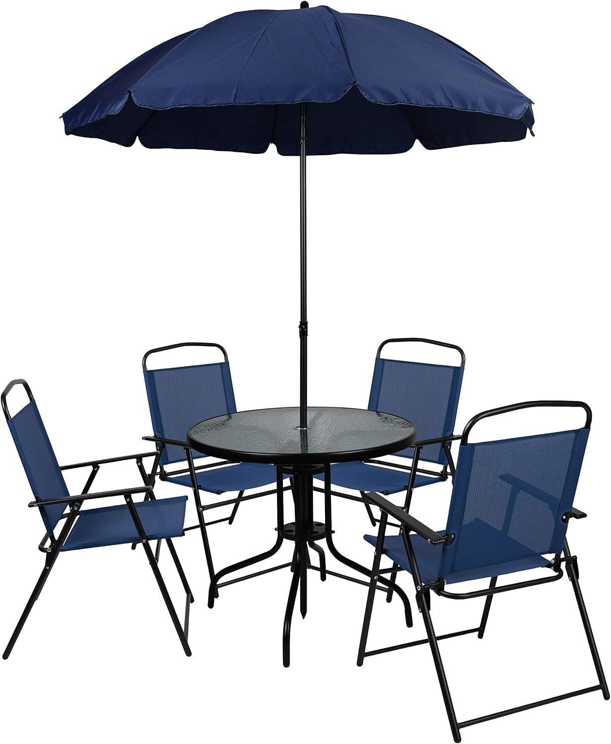 6 Piece Navy Patio Garden Set with Table, Umbrella and 4 Folding Chairs-1