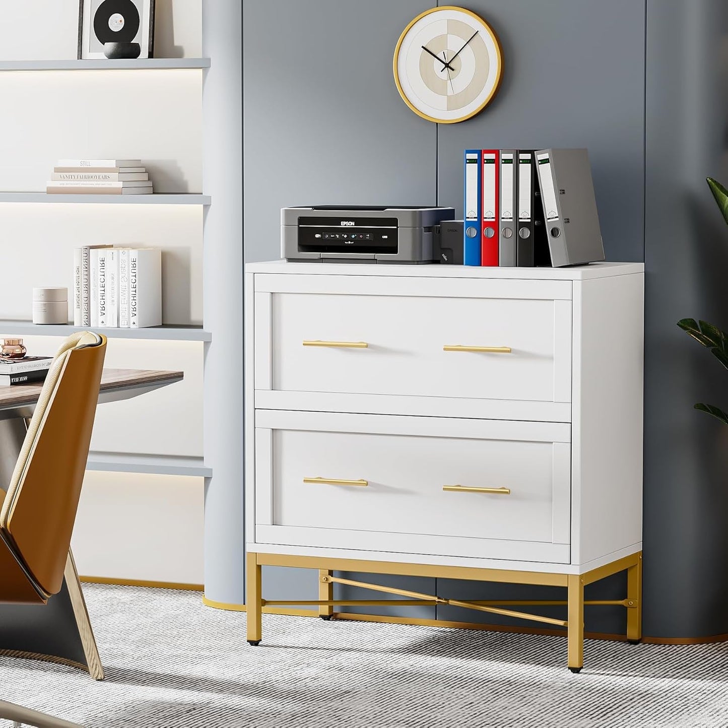 Modern White 2 Drawer File Cabinet, Lateral Filing Cabinet for Letter/Legal/A4 Size, Wood File Storage Cabinets Printer Stand with Storage for Home, Office, White and Gold-2