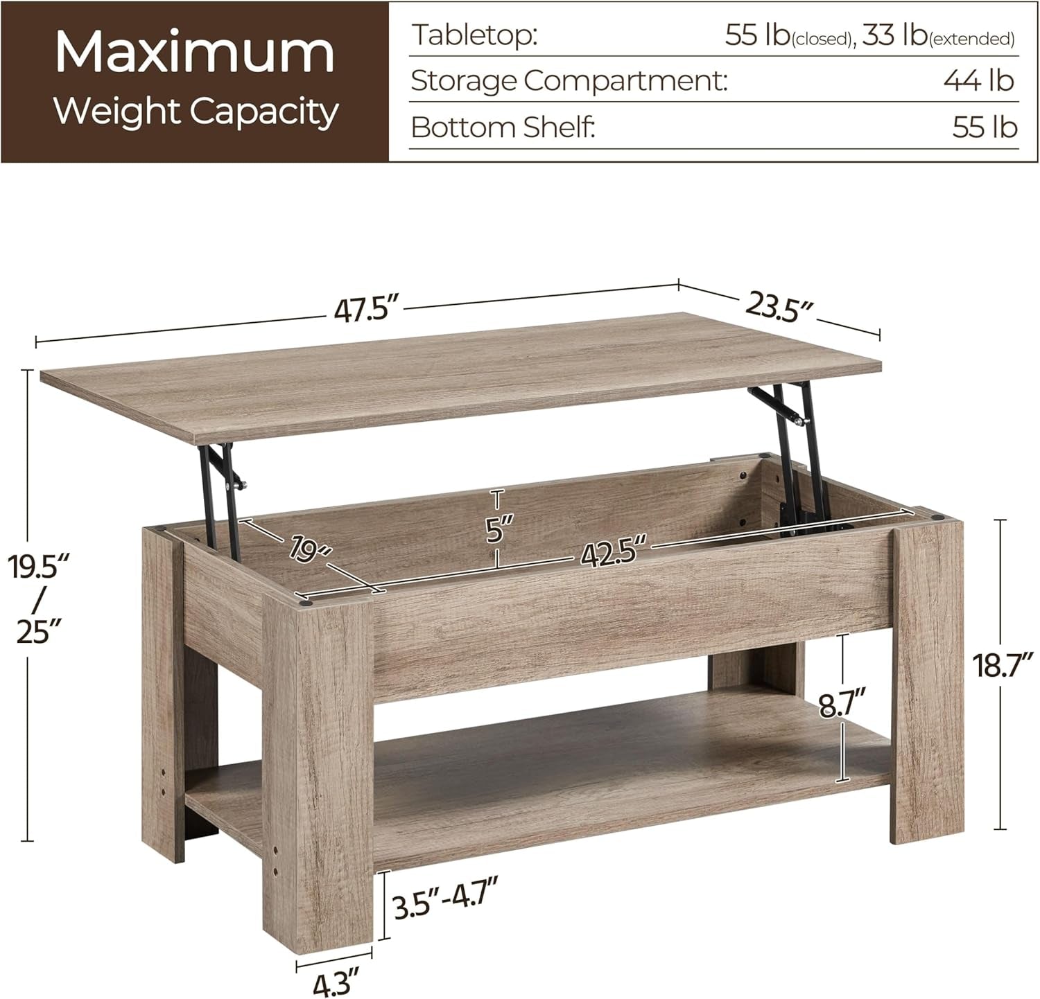 Lift Top Coffee Table with Hidden Compartment and Storage Shelf, Rising Tabletop Dining Table for Living Room Reception Room, 38.6In L, Grey-2