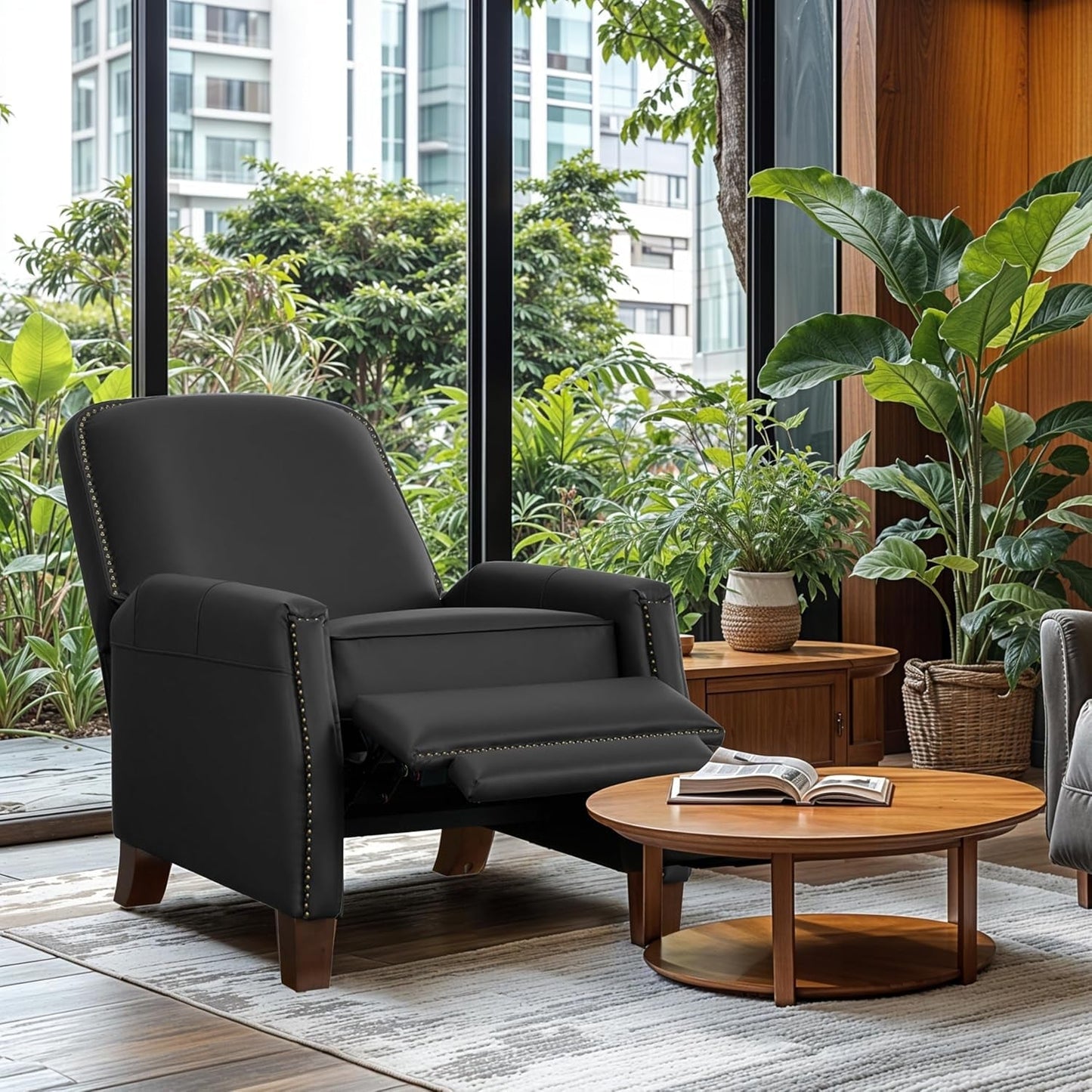 Mid-Century Faux Leather Pushback Recliner Brass Trim-0