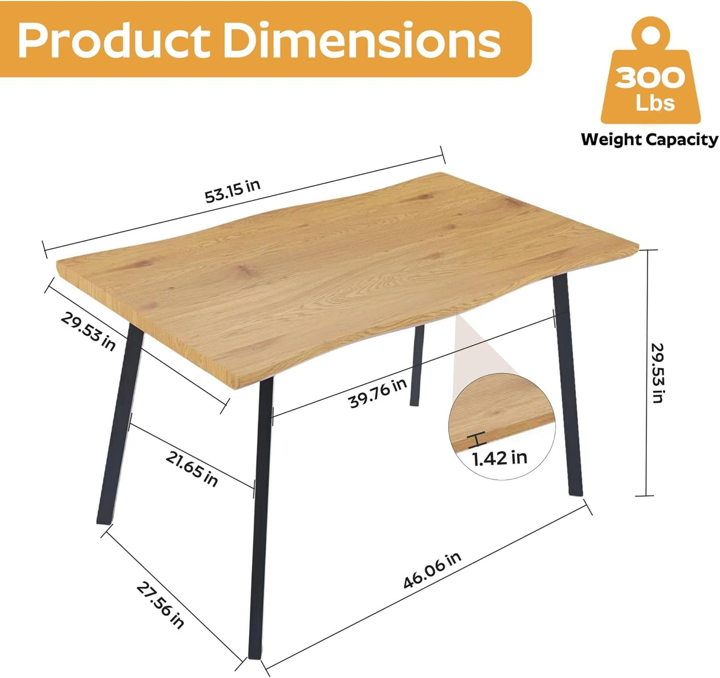 53" Rectangle Dining Table for 2-6 Person, Modern Wooden Irregular Dining Table Kitchen Table Desk Dinner Table for Small Spaces, Easy Clean Living Room Natural Table for Home Kitchen Restaurant-1