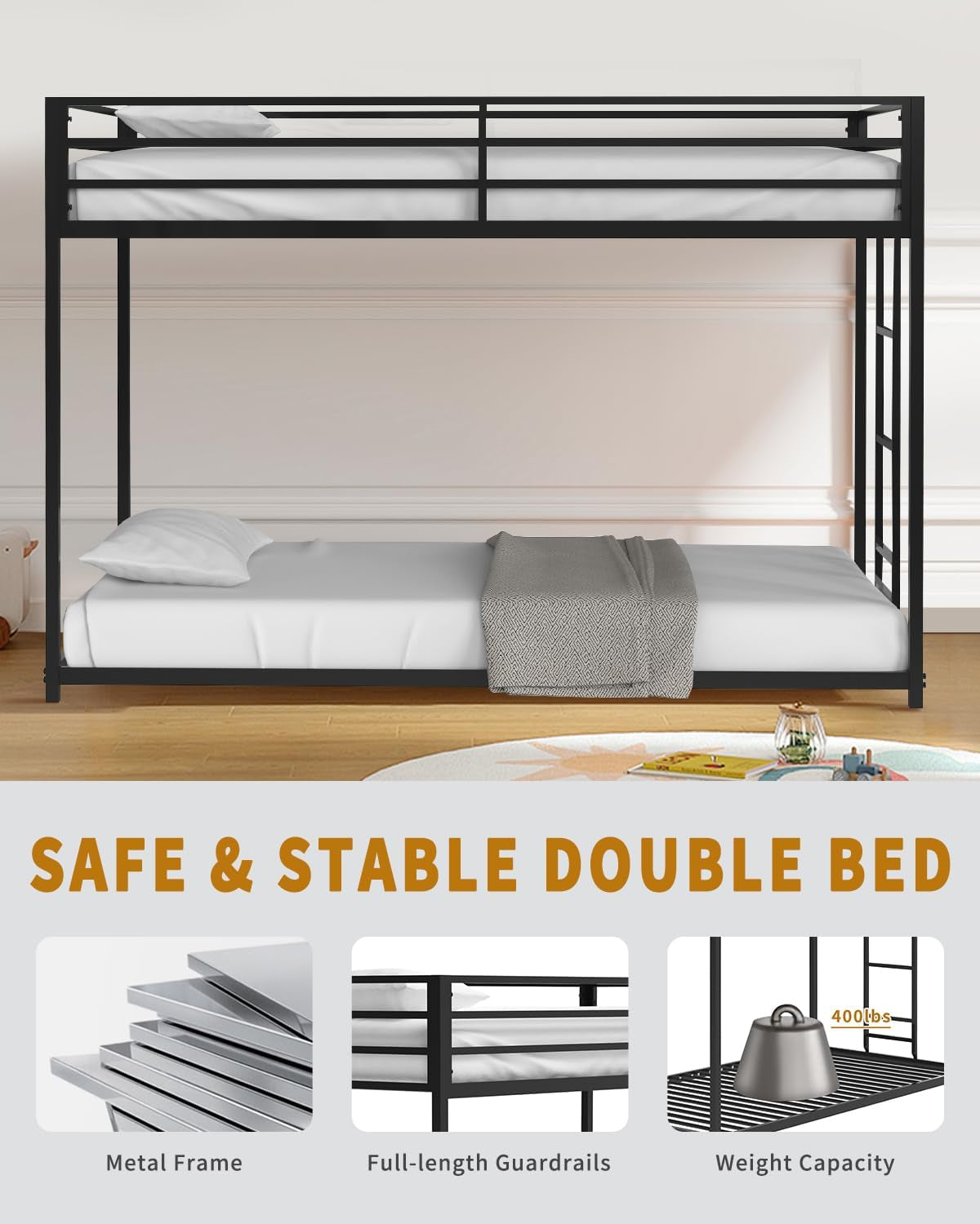 Twin over Twin Bunk Bed - Lifesky Metal Low Profile Bunkbed with Side Ladder Black-3